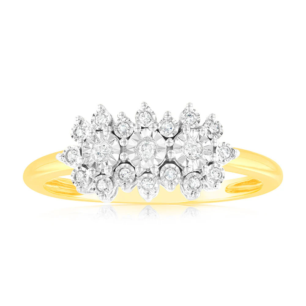 1/10 Carat Diamond Ring with 19 Round Brilliant Diamonds in 9ct Yellow Gold