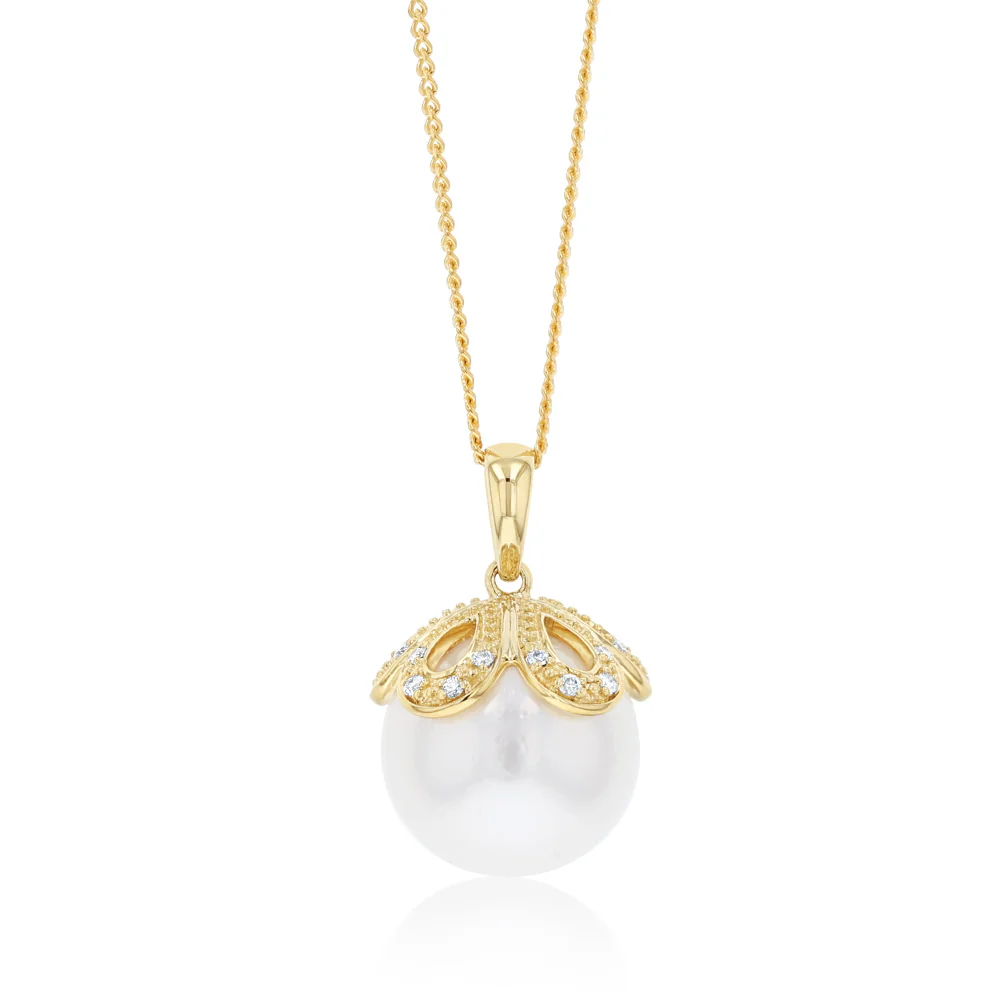12-14mm White South Seal Pearl Pendant with 20 Diamonds in 9ct Yellow Gold on 45cm Chain