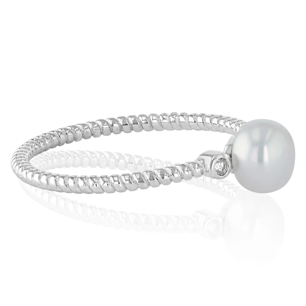5-6mm White Freshwater Pearl and Created Sapphire Ring in Sterling Silver - Image 2