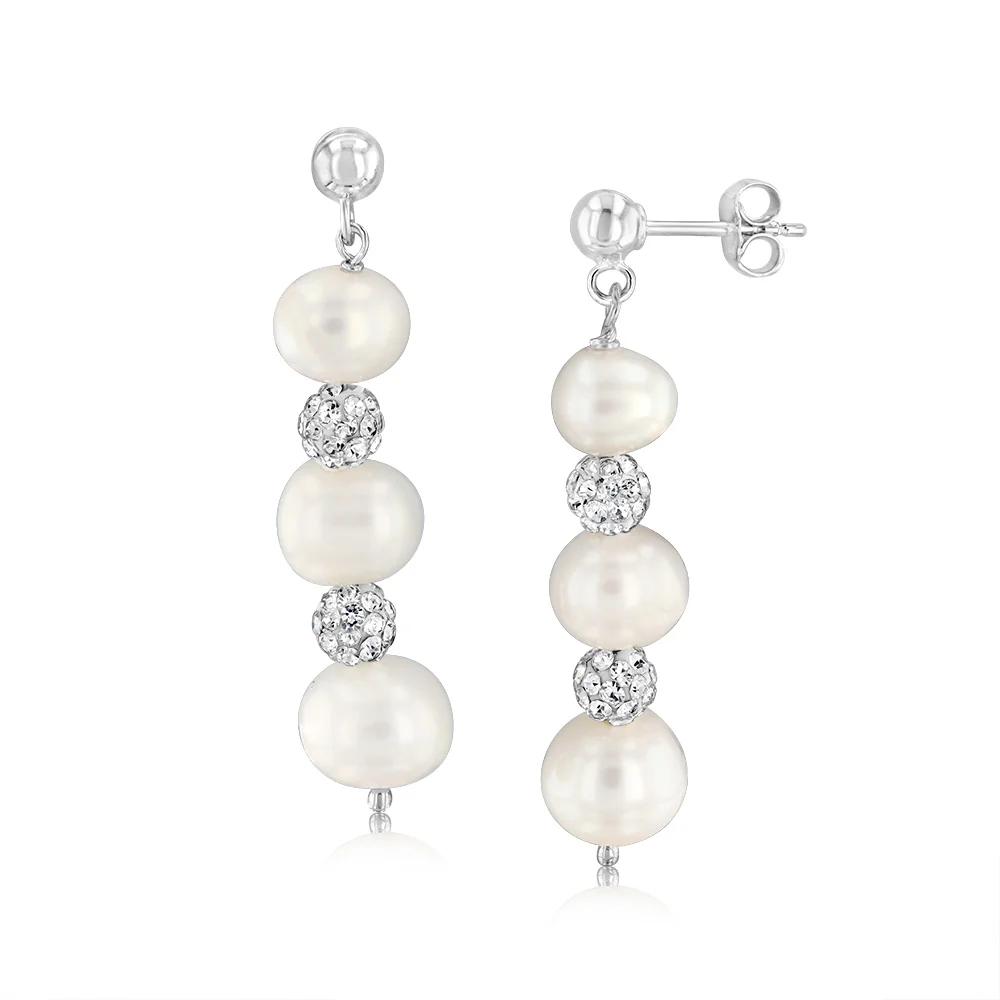 6-9MM Fresh Water Black Pearl Crystal Bead Earring & Pendant Set in Sterling Silver