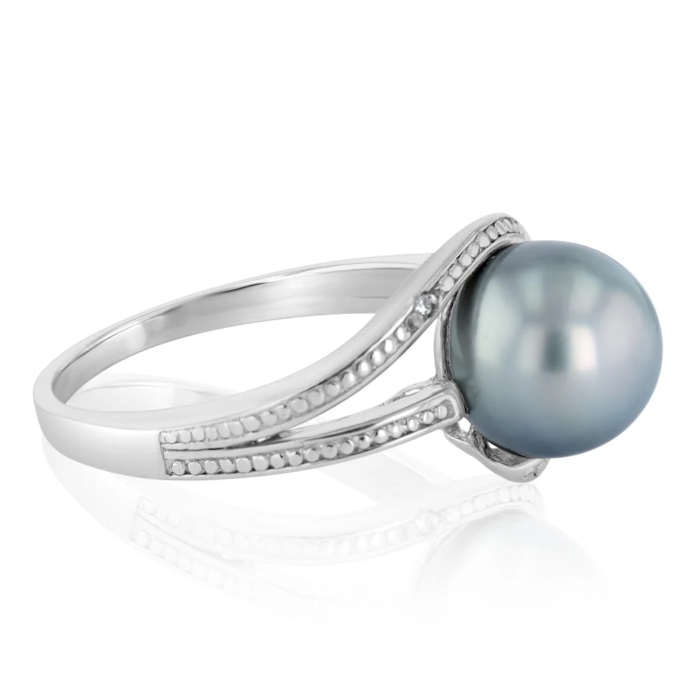 8-9mm Black Tahitian Pearl Diamond Ring in Sterling Silver - Image 2