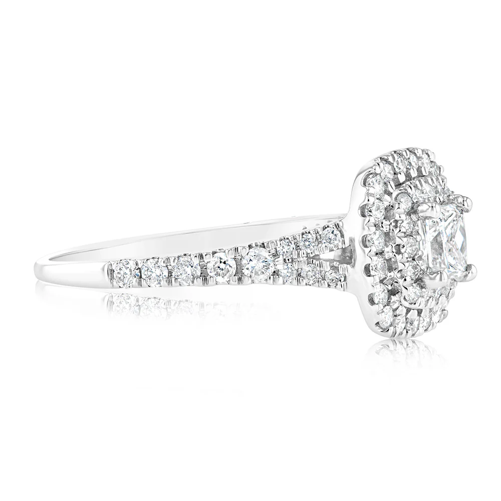 9ct White Gold 1 Carat Princess Diamond Solitaire Ring with Brilliant Halo and Sides - Image 2