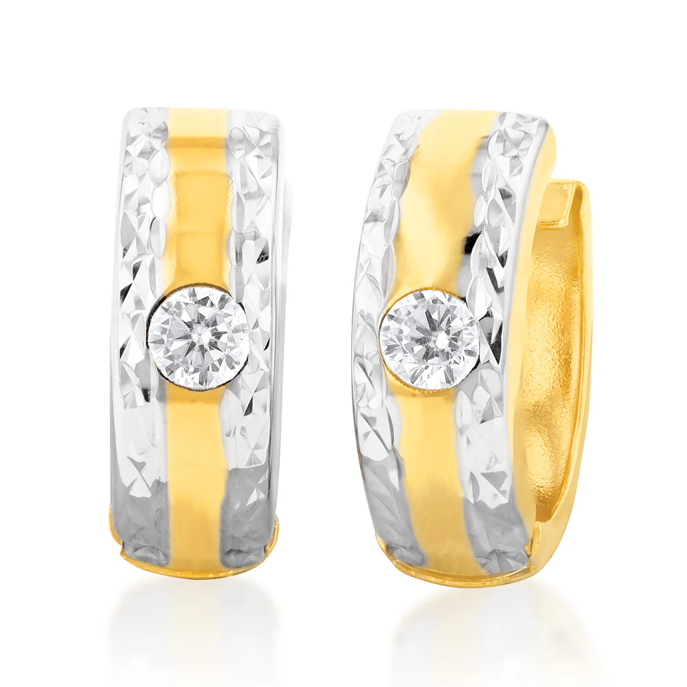 9ct Yellow And White Gold  Silver Filled Cubic Zirconia 10mm Hoop Earrings