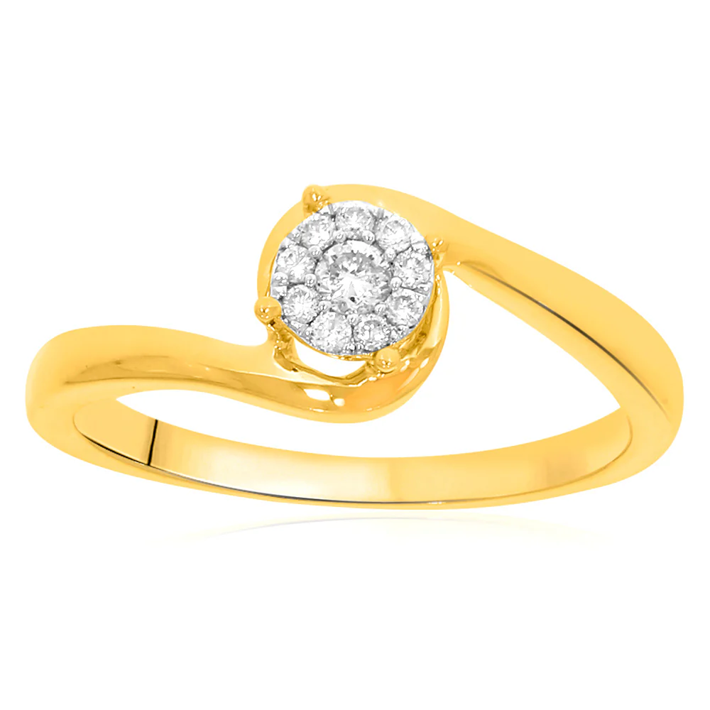 9ct Yellow Gold 0.1 Carat Diamond Swirl Halo Ring