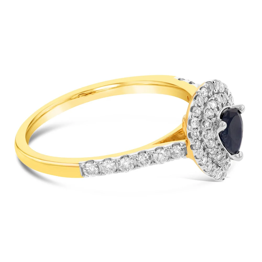 9ct Yellow Gold 0.30ct Natural Black Sapphire and 1/3ct Diamond Double Halo Pear Ring - Image 2