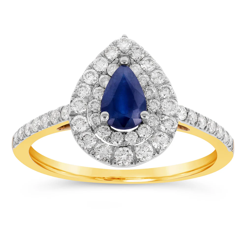 9ct Yellow Gold 0.59ct Natural Black Sapphire and 1/2ct Diamond Double Halo Pear Ring