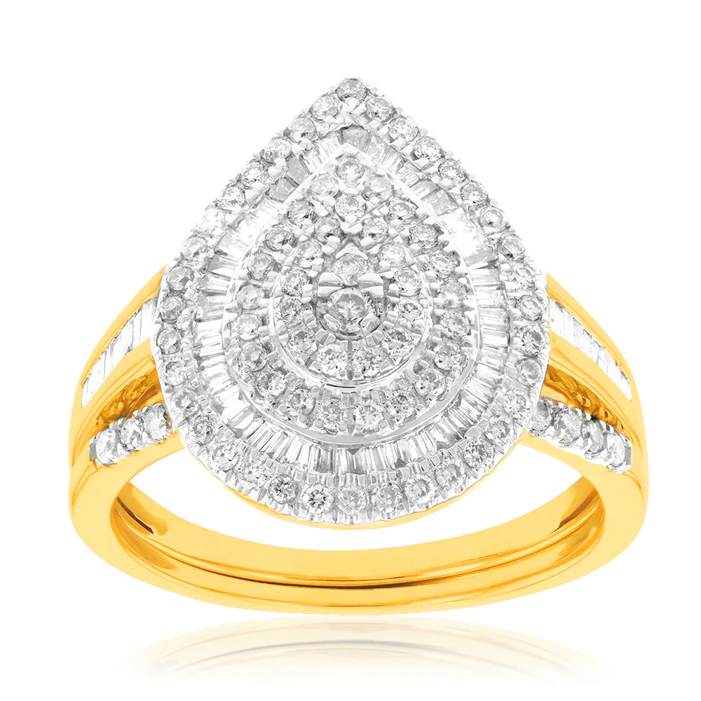 9ct Yellow Gold 1 Carat Diamond Pear Shape Cluster 2-Ring Bridal Set