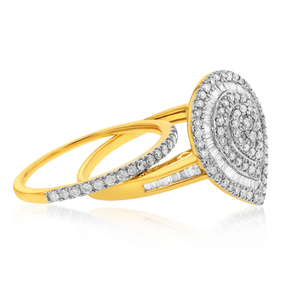 9ct Yellow Gold 1 Carat Diamond Pear Shape Cluster 2-Ring Bridal Set - Image 2