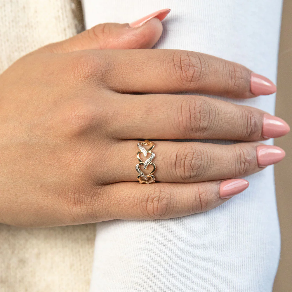 9ct Yellow Gold Carat Interlocking Heart Diamond Ring with 5 Diamonds - Image 3