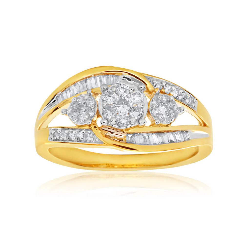 9ct Yellow Gold Diamond Ring Set With An Assortment Of Brilliant and Baguette Diamonds