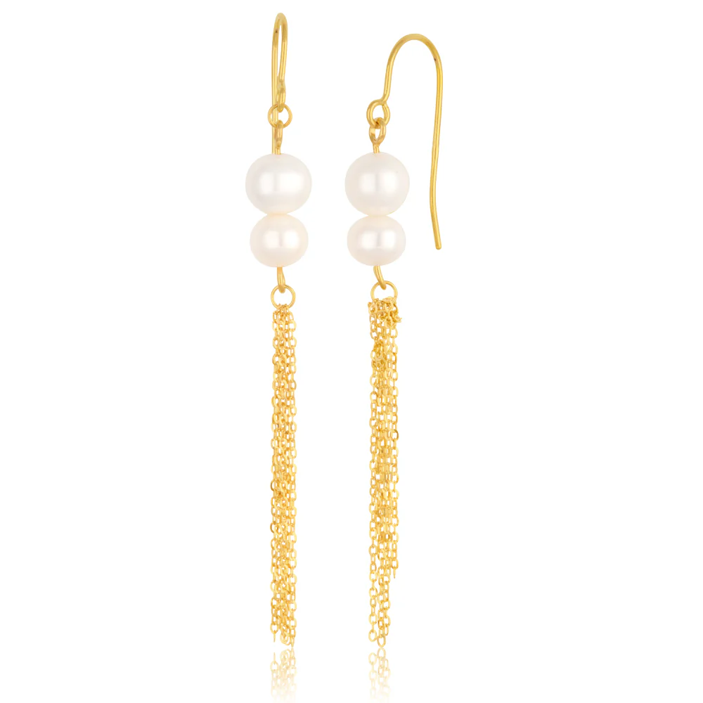 9ct Yellow Gold Freshwater Double Pearl Tassle Drop Earrings