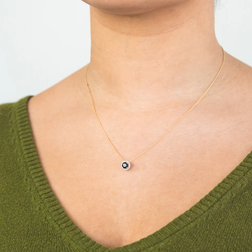 9ct Yellow Gold Natural Sapphire and Diamond Halo Pendant on 45cm Chain - Image 2
