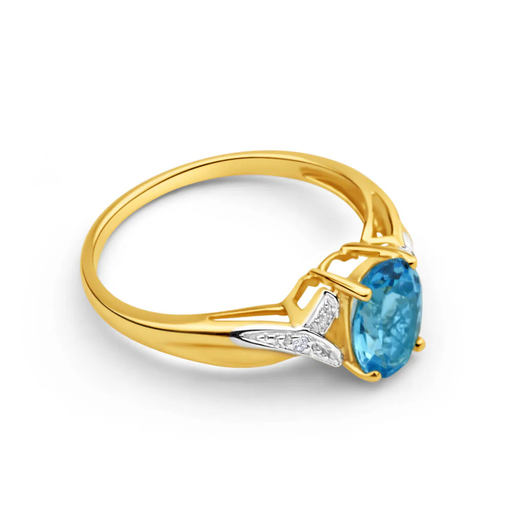 9ct Yellow Gold Oval Blue Topaz + Diamond Ring - Image 2