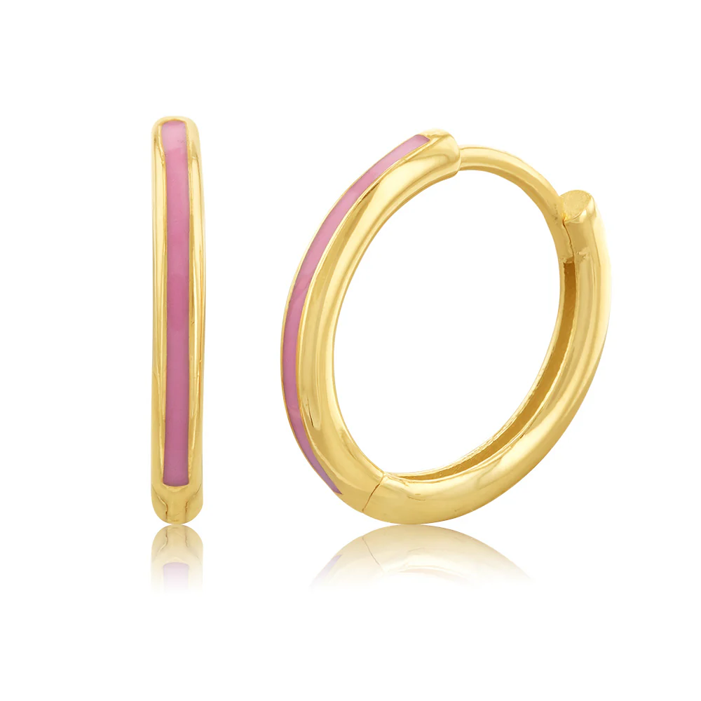 9ct Yellow Gold Pink Enamel 11mm Hoop Earrings