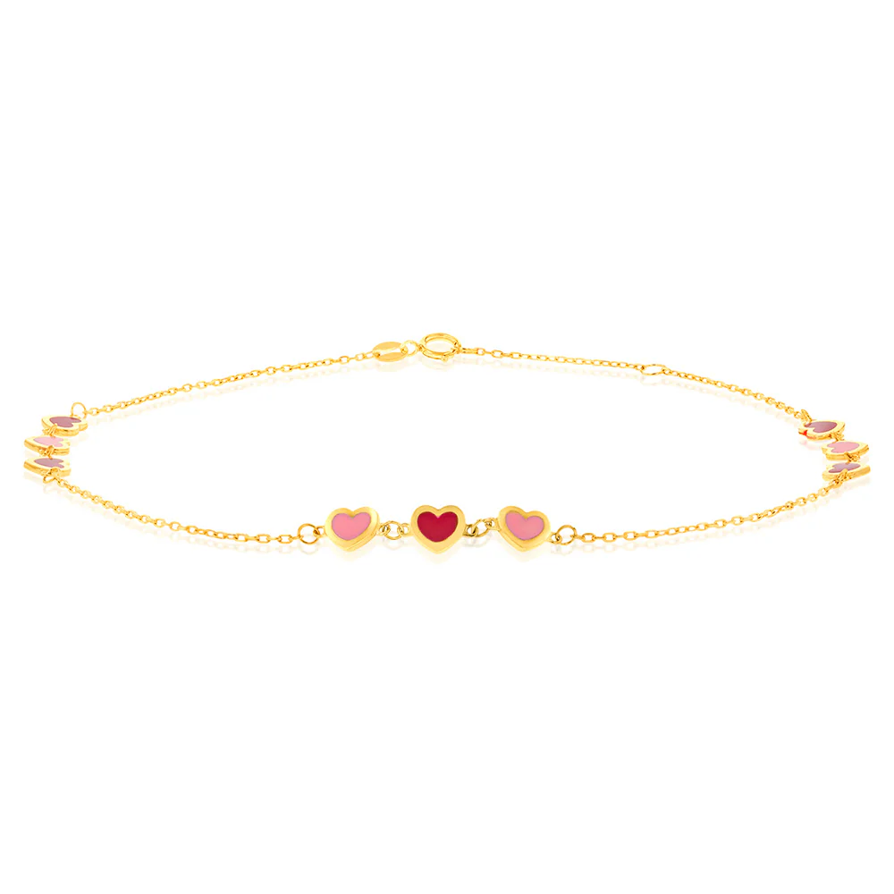 9ct Yellow Gold Red And Pink Heart 25cm Anklet
