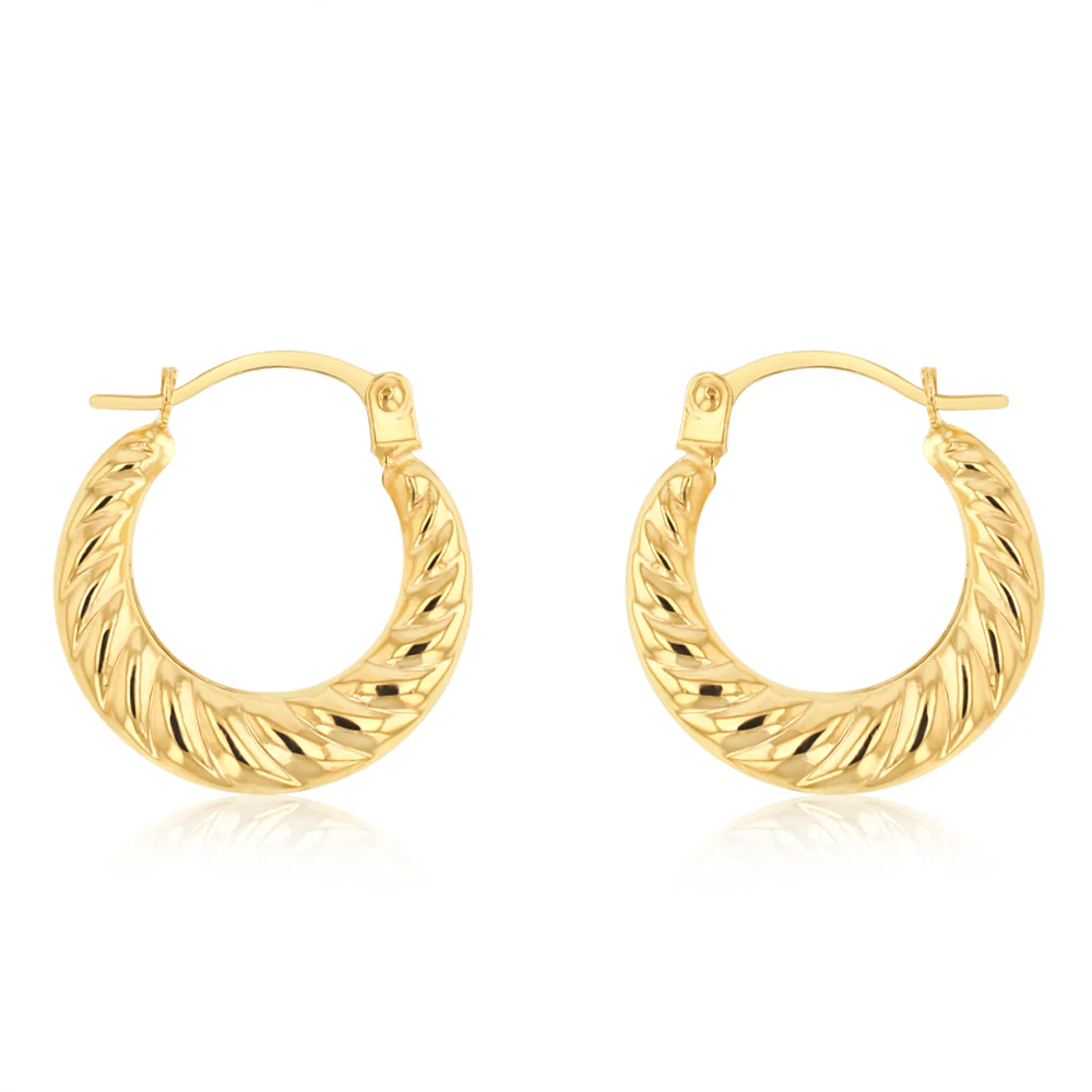 9ct Yellow Gold Shell Pattern Creole Hoop Earrings