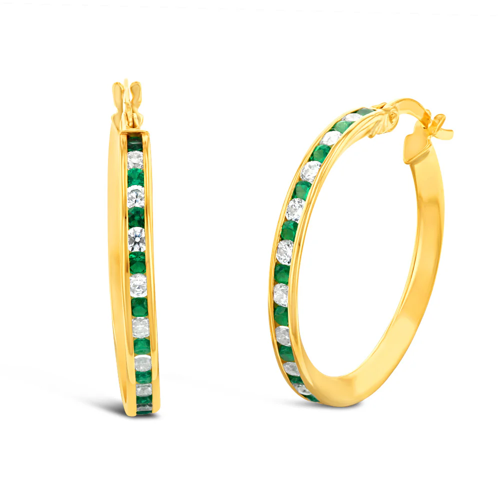 9ct Yellow Gold Silver Filled Green Cubic Zirconia 20mm Earrings