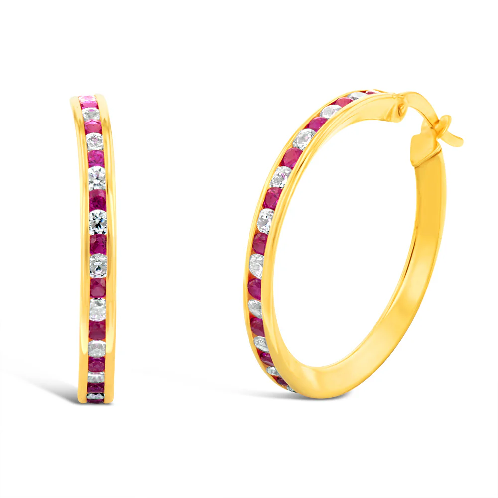 9ct Yellow Gold Silverfilled Red Cubic Zirconia 20mm Hoop Earrings