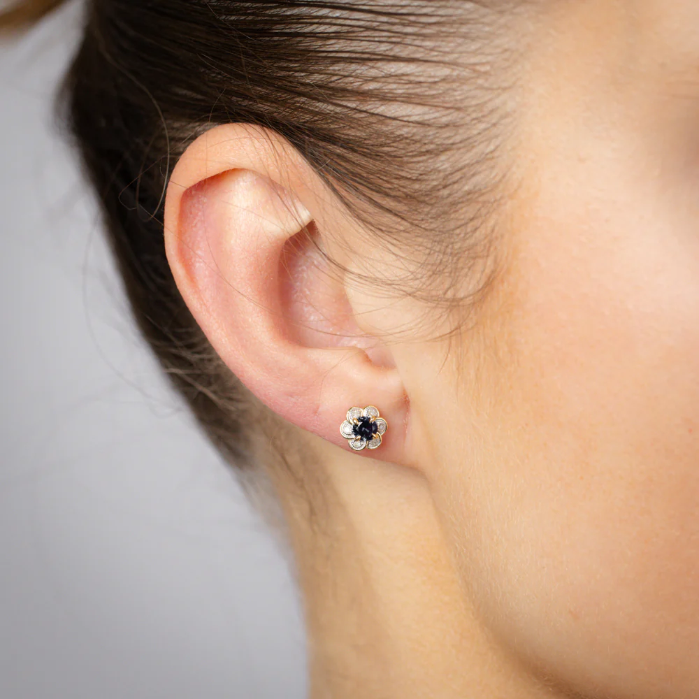 Created Sapphire and Diamond Stud Earrings in 9ct Yellow Gold - Image 2