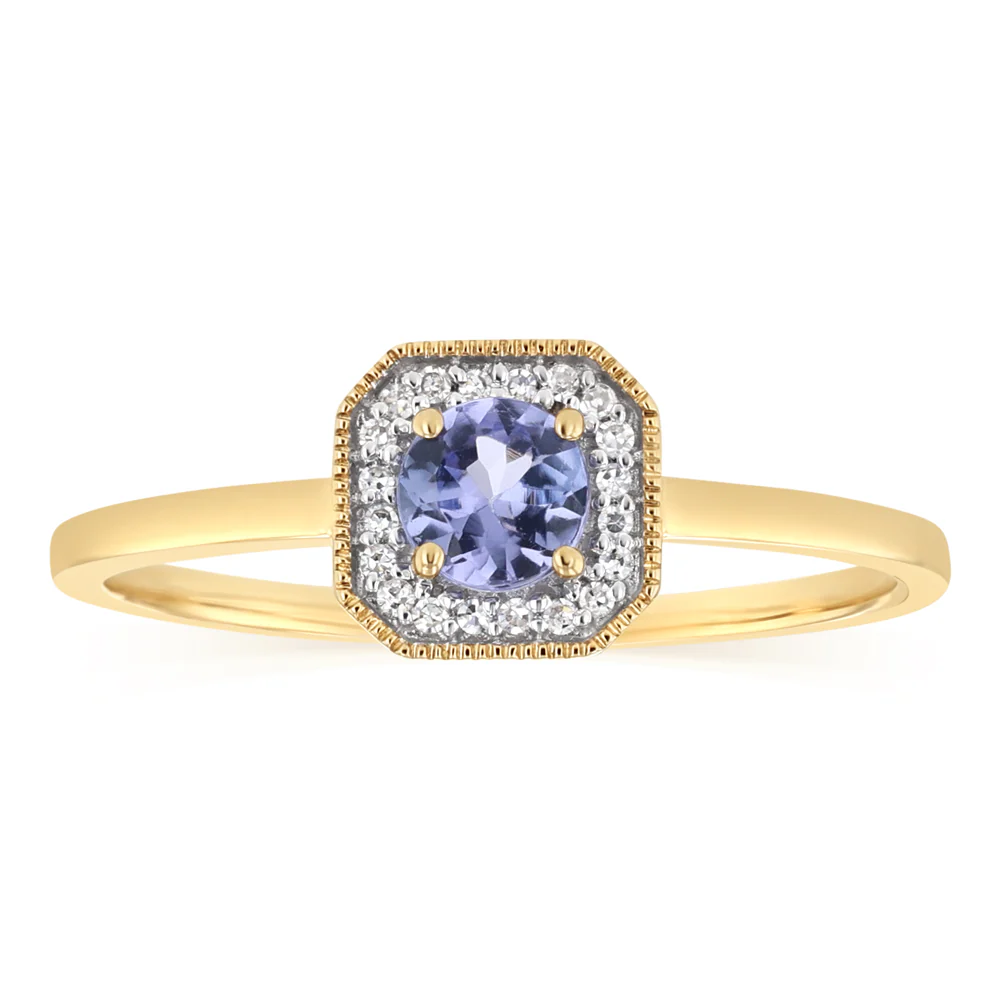 Created Tanzanite and Diamond Ring in 9ct Yellow Gold