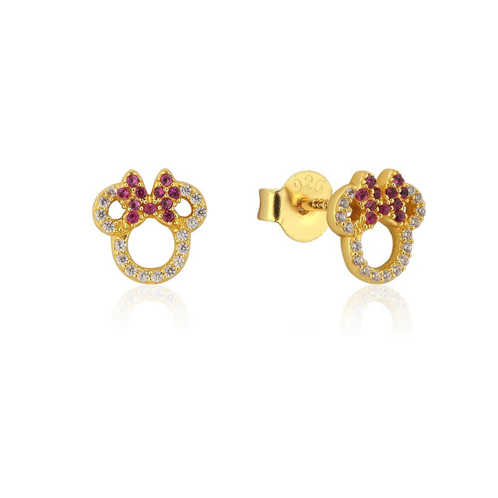 Disney Gold Plated Sterling Silver Minnie Mouse CZ Outline Red Stud Earrings