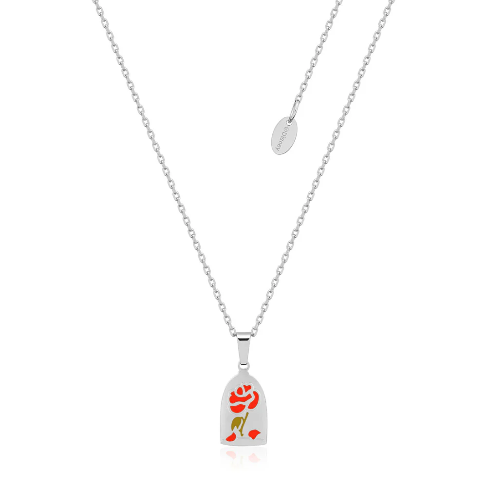 Disney Stainless Steel Beauty And The Beast Enchanted Rose Pendant On 40+7cm Chain