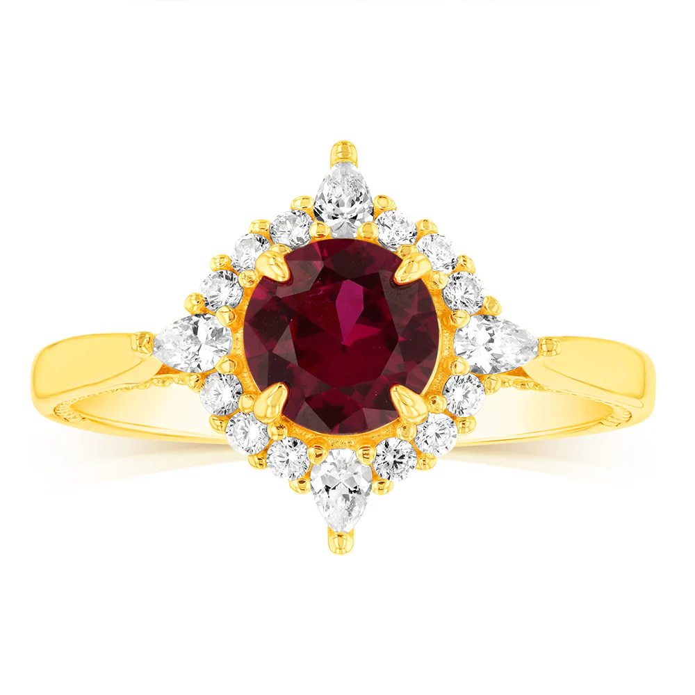 Gold Plated SIlver Created Ruby and Cubic Zirconia Ring