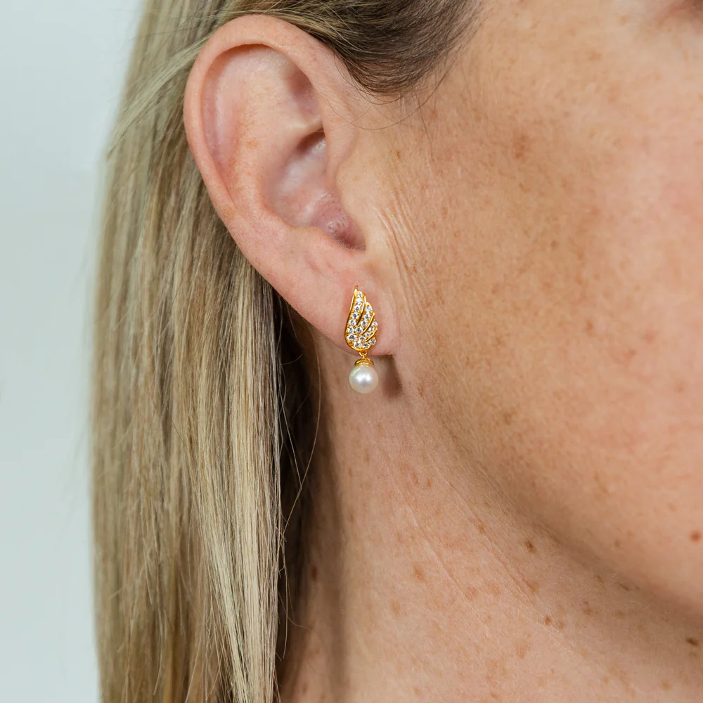 Gold Plated Silver Freshwater Pearl & Cubic Zirconia On Wings Drop Earrings - Image 2