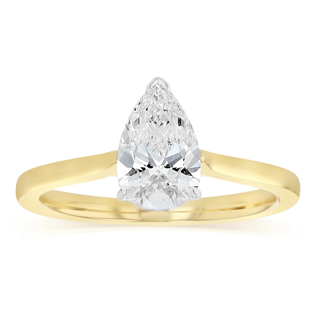 Luminesce Lab Grown 1 Carat Diamond Pear Solitaire Ring in 9ct Yellow and White Gold