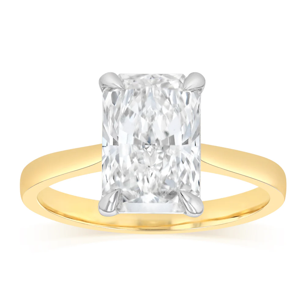 Luminesce Lab Grown 3 Carats Certified Radiant Diamond Solitaire Ring in 18ct Yellow Gold