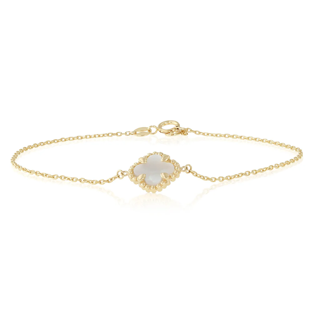 Mother of Pearl Clover Adjustable 19cm Bracelet in 9ct Yellow Gold