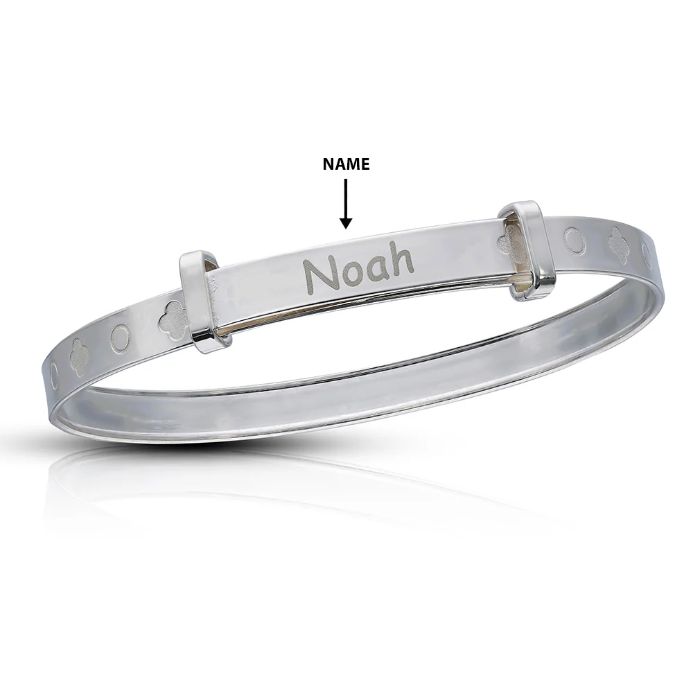 Personalised Engravable Clover Patterned Baby Bangle in Sterling Silver - Image 2