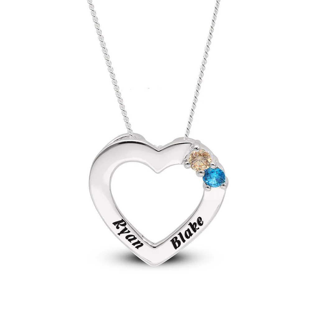 Personalised Engravable Heart with Birthstones on 45cm Chain in Sterling Silver - Image 3