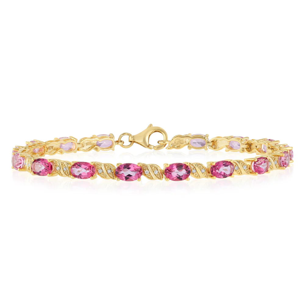 Pink Topaz and 1/10 Carat Diamond 17cm Bracelet in Gold Plated Sterling Silver