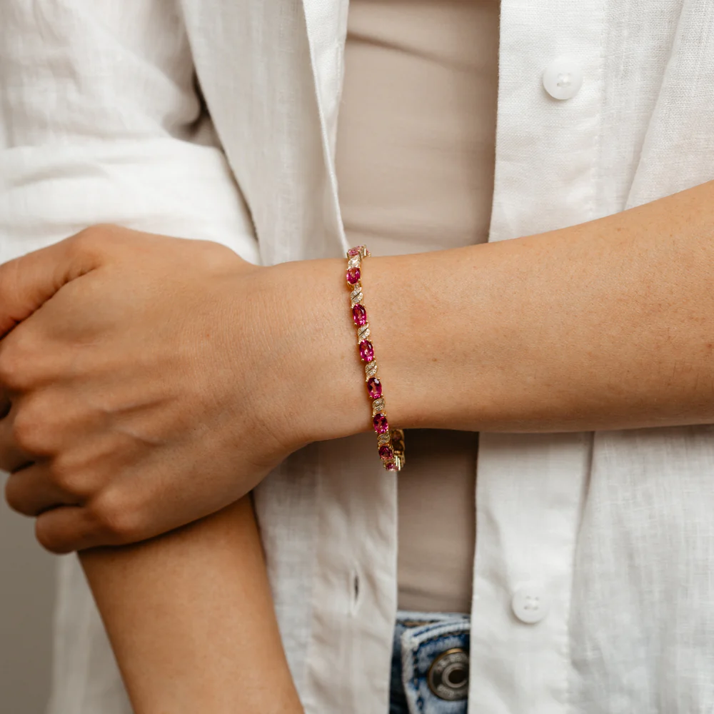 Pink Topaz and 1/10 Carat Diamond 17cm Bracelet in Gold Plated Sterling Silver - Image 3