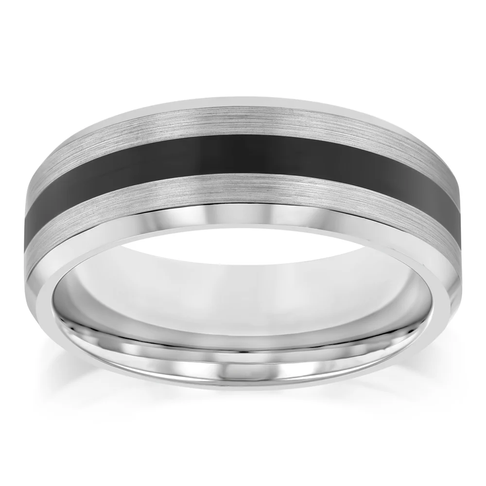 Stainless Steel Ring with Black Stripe Accent