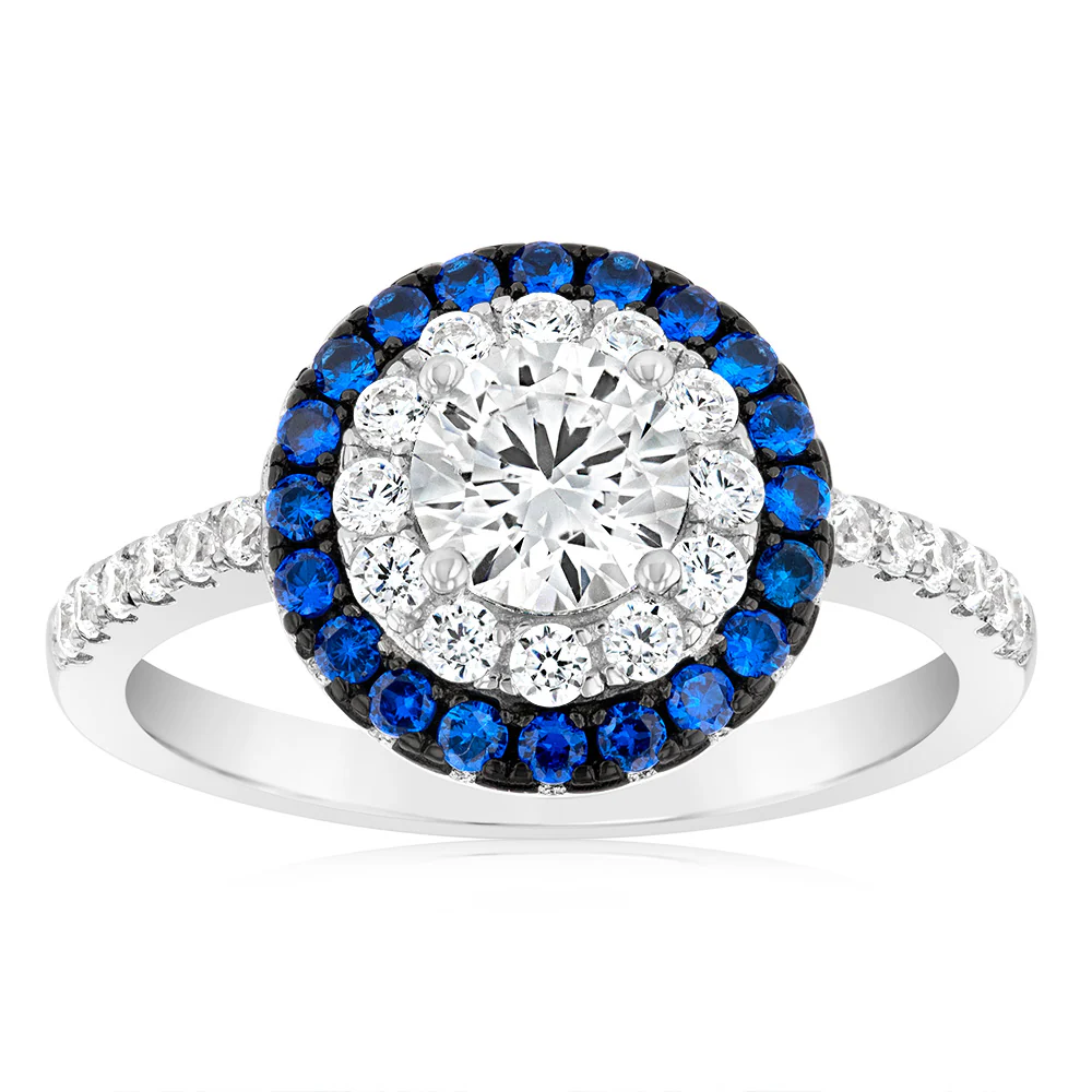 Sterling Silver Blue And White Zirconia Fancy Ring