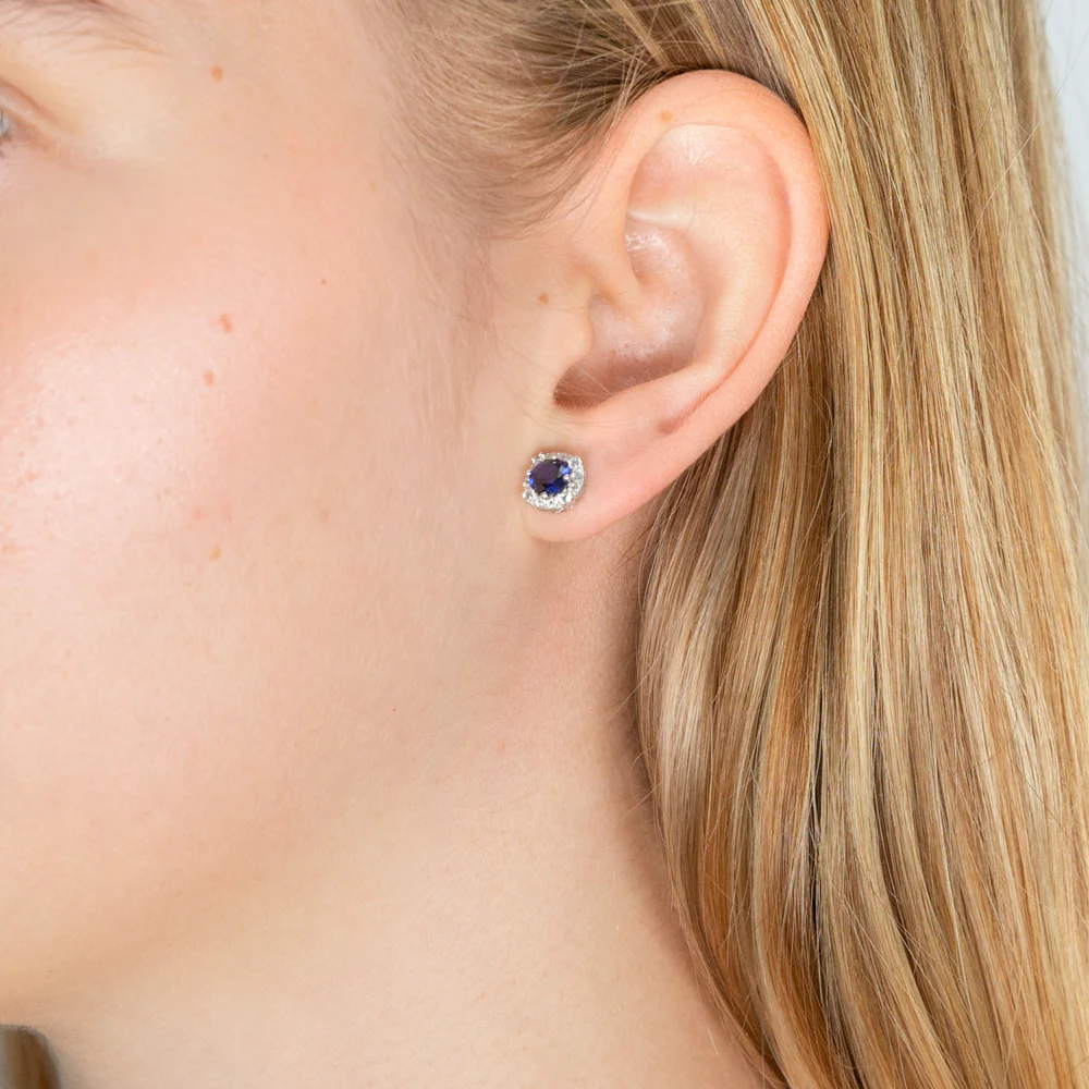 Sterling Silver Created Sapphire + Cubic Zirconia Halo Earrings - Image 2