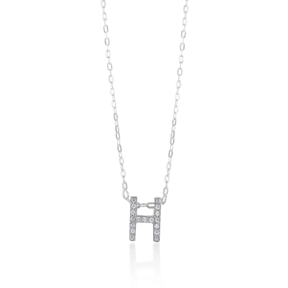 Sterling Silver Cubic Zirconia Initial "H" Pendant on 39+3cm Chain