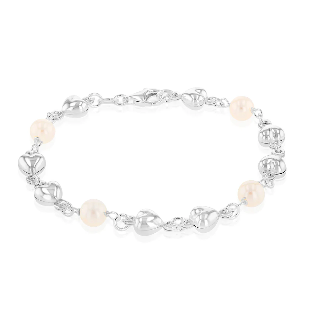 Sterling Silver Heart And Bead Charm 19cm Bracelet