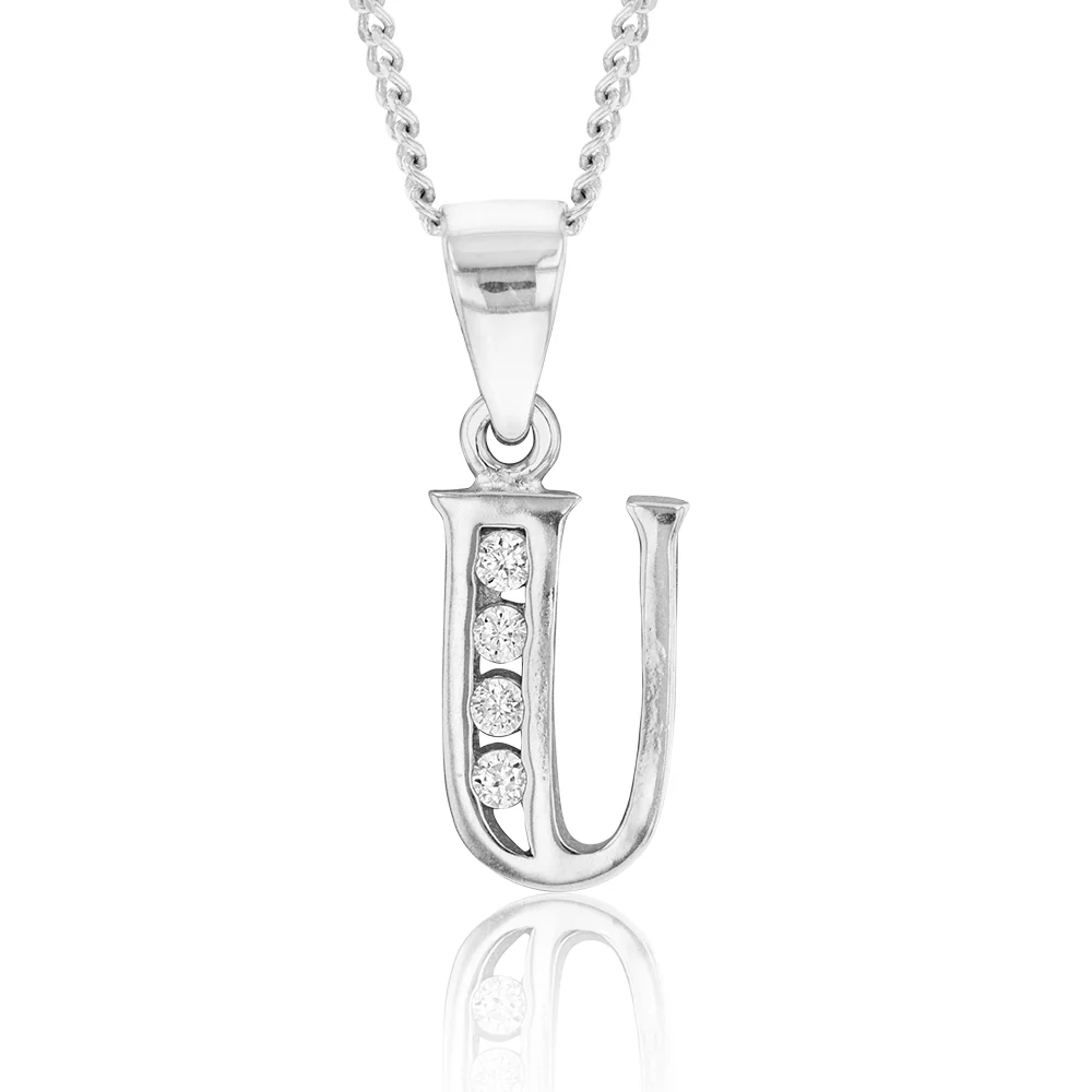 Sterling Silver Initial Zirconia Initial "U" Pendant