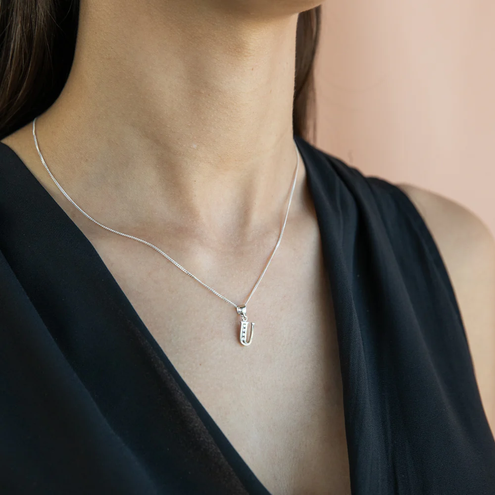 Sterling Silver Initial Zirconia Initial "U" Pendant - Image 2