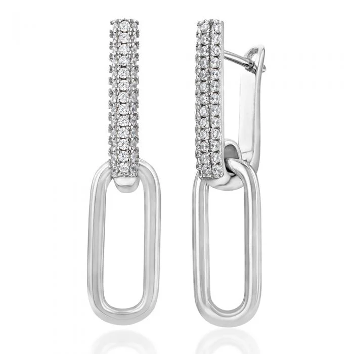 Sterling Silver Pave Link Cubic Zirconia Drop Earrings