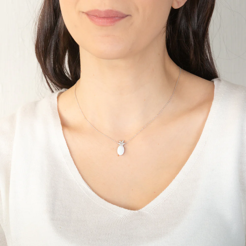 Sterling Silver Rhodium Plated Created White Opal Pendant With 45cm Chain - Image 2