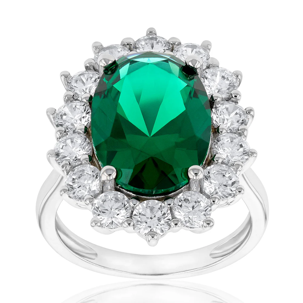 Sterling Silver Rhodium Plated Emerald-Green Cubic Zirconia Oval Ring