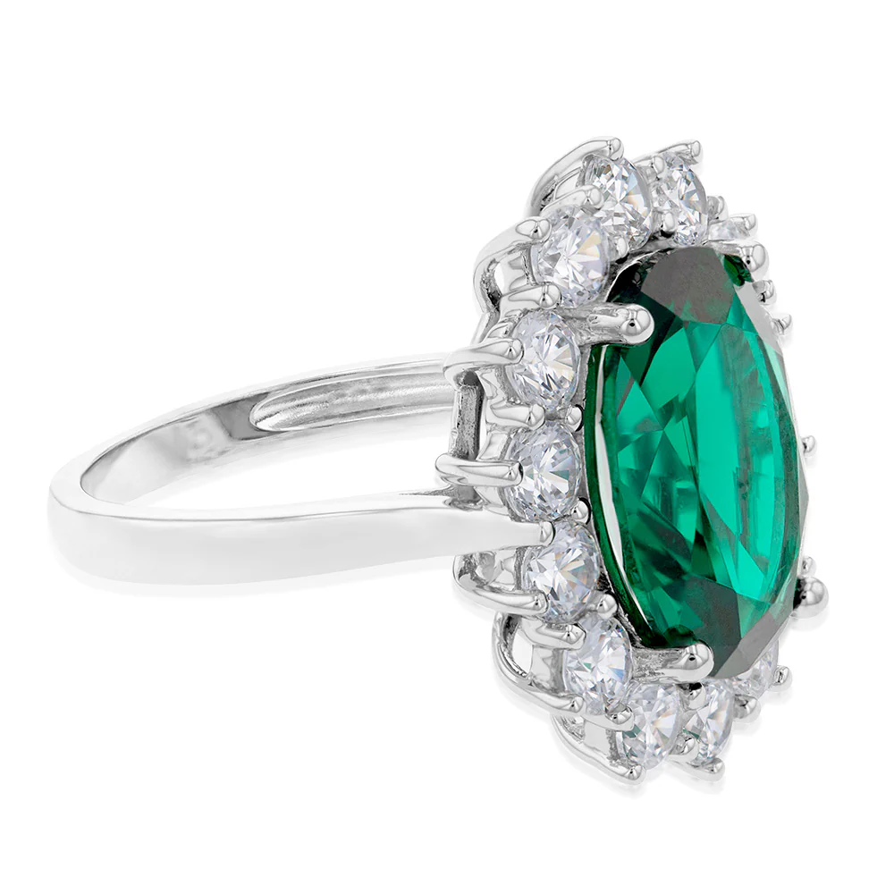 Sterling Silver Rhodium Plated Emerald-Green Cubic Zirconia Oval Ring - Image 2