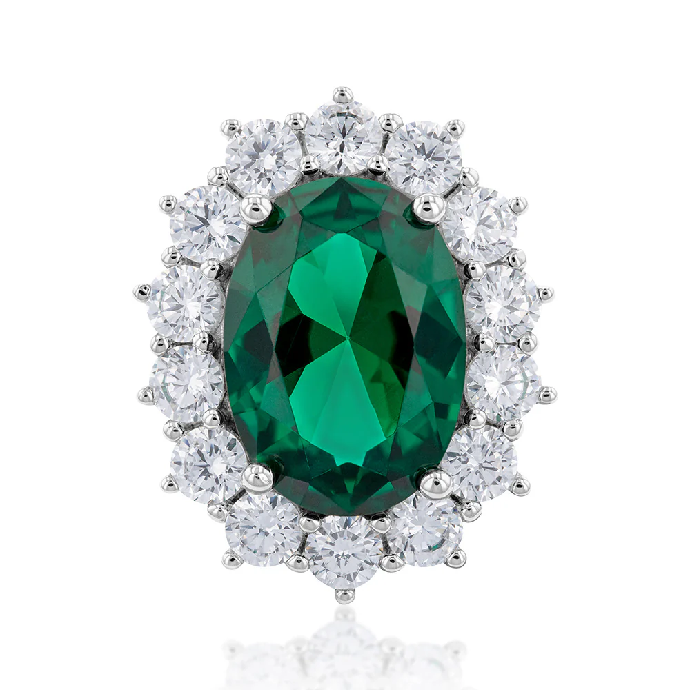 Sterling Silver Rhodium Plated Emerald-Green Cubic Zirconia Oval Ring - Image 3