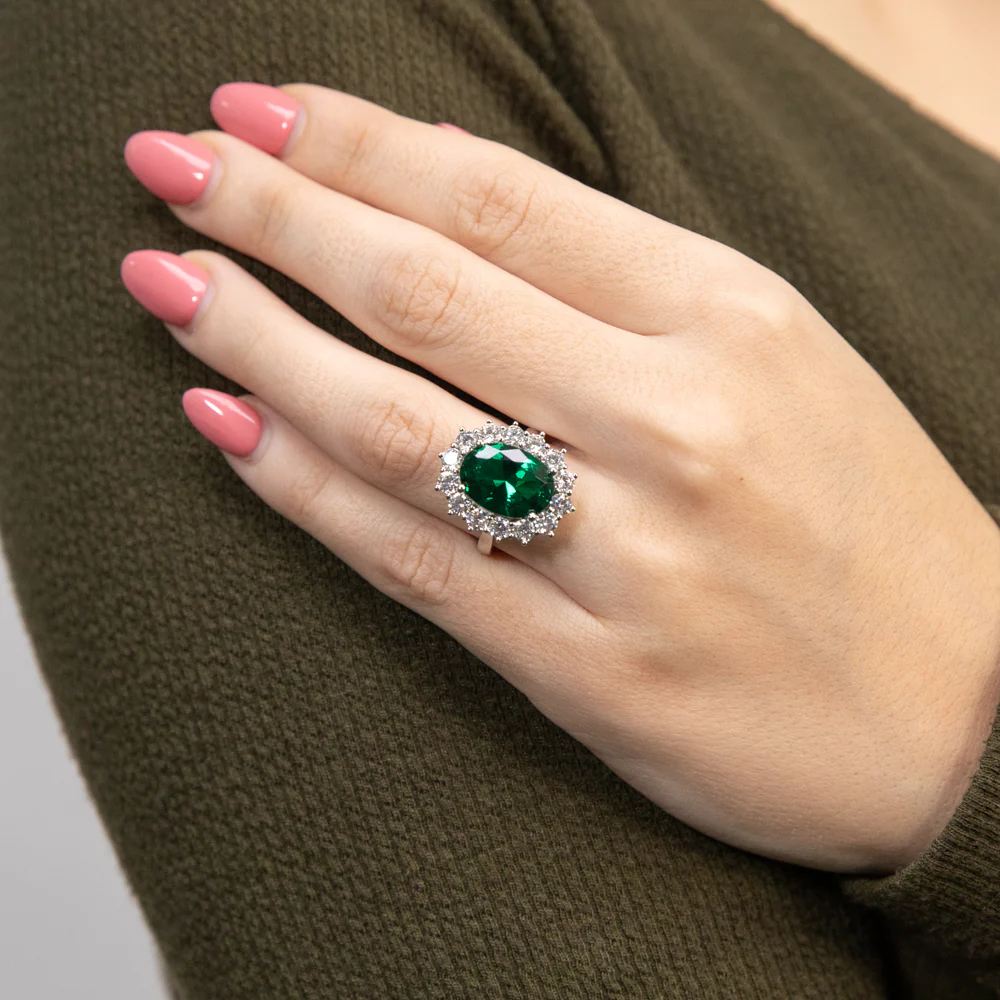 Sterling Silver Rhodium Plated Emerald-Green Cubic Zirconia Oval Ring - Image 4