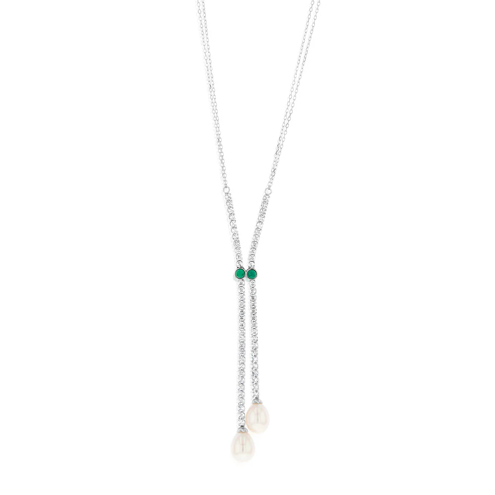Sterling Silver Rhodium Plated Zirconia And 7.5-8mm Oval Fresh Water Pearl Pendant On Chain