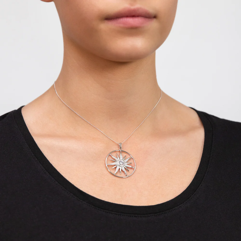 Sterling Silver Sun Circle With Cubic Zirconia Pendant - Image 2